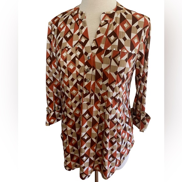 COCOMO Medium Brown Orange White 3/4 sleeve women's Pintuck Blouse top shirt - Picture 6 of 16
